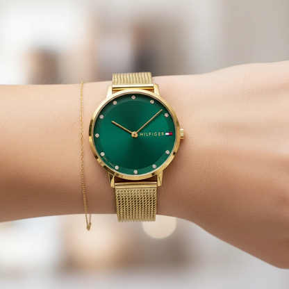 Tommy Hilfiger Pippa 1782668 Gold Case Green Dial Mesh Women's Watch