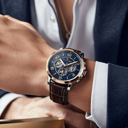 Tommy Hilfiger Keagan 1791290 Rose Gold Case Blue Dial Brown Leather Men's Watch
