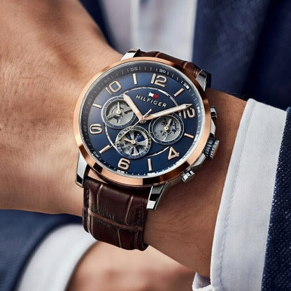 Tommy Hilfiger Keagan 1791290 Rose Gold Case Blue Dial Brown Leather Men's Watch