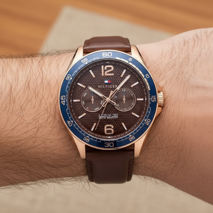 Tommy Hilfiger Erik 1791367 Rose Gold Case Brown Dial Blue Bezel Leather Men's Watch