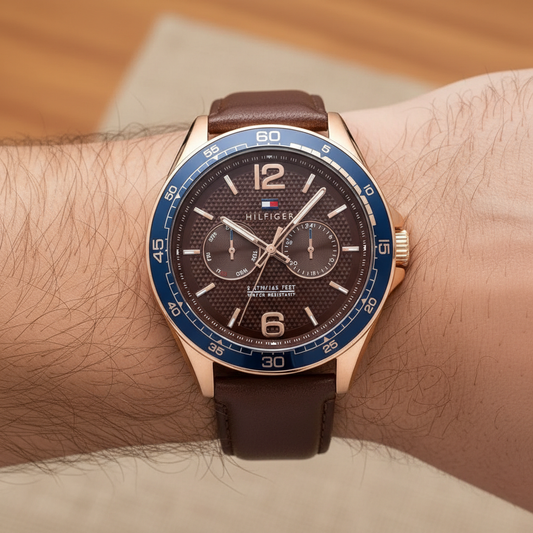 Tommy Hilfiger Erik 1791367 Rose Gold Case Brown Dial Blue Bezel Leather Men's Watch