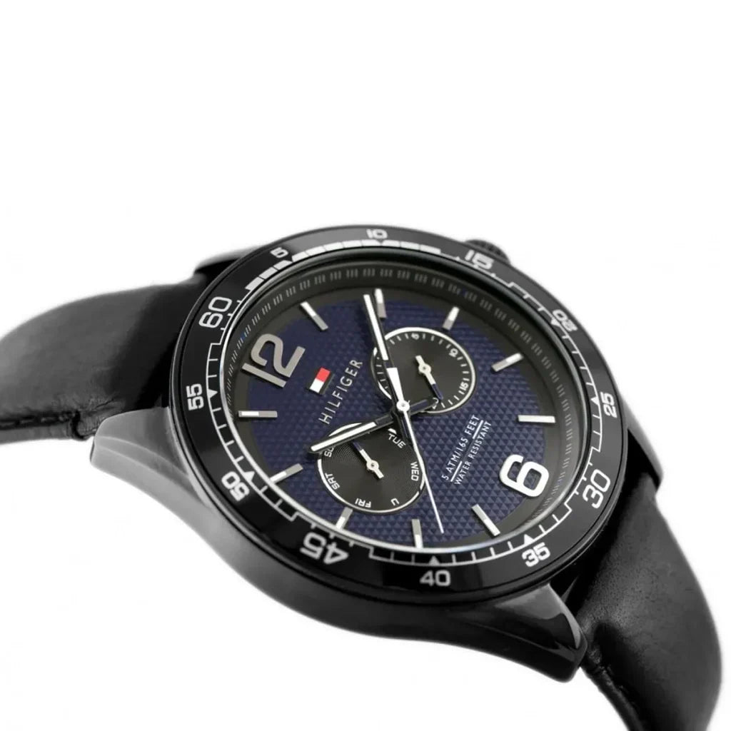 Tommy Hilfiger Erik 1791368 Black IP Case Blue Textured Dial Black Leather Men's Watch