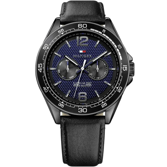 Tommy Hilfiger Erik 1791368 Black IP Case Blue Textured Dial Black Leather Men's Watch