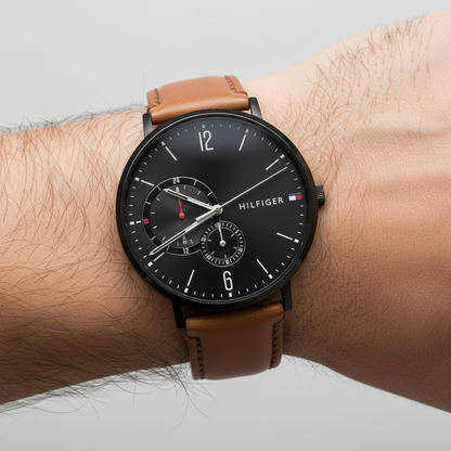 Tommy Hilfiger Brooklyn 1791510 Black Case Black Dial Light Brown Leather Men's Watch