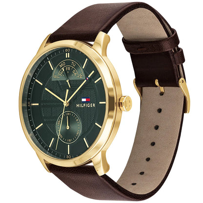 Tommy Hilfiger Hunter 1791607 Gold Case Green Textured Dial Brown Leather Men's Watch
