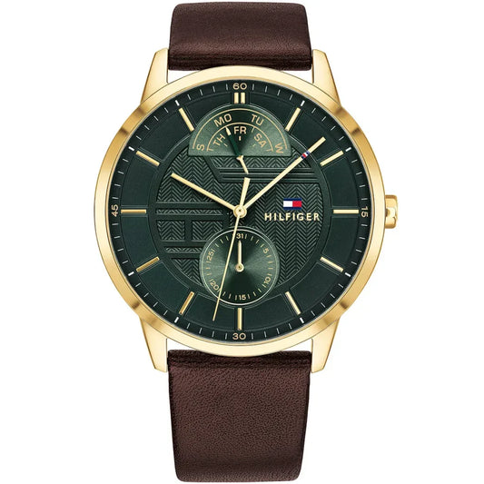 Tommy Hilfiger Hunter 1791607 Gold Case Green Textured Dial Brown Leather Men's Watch