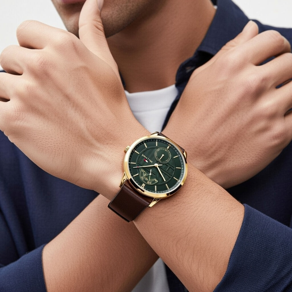Tommy Hilfiger Hunter 1791607 Gold Case Green Textured Dial Brown Leather Men's Watch