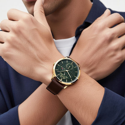 Tommy Hilfiger Hunter 1791607 Gold Case Green Textured Dial Brown Leather Men's Watch