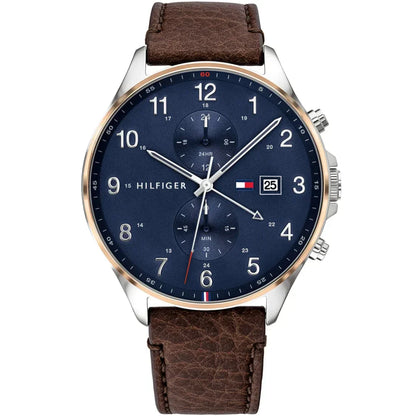 Tommy Hilfiger West 1791712 Silver Case Blue Dial Brown Leather Men's Watch