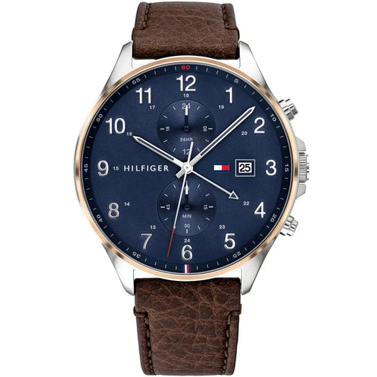 Tommy Hilfiger West 1791712 Silver Case Blue Dial Brown Leather Men's Watch