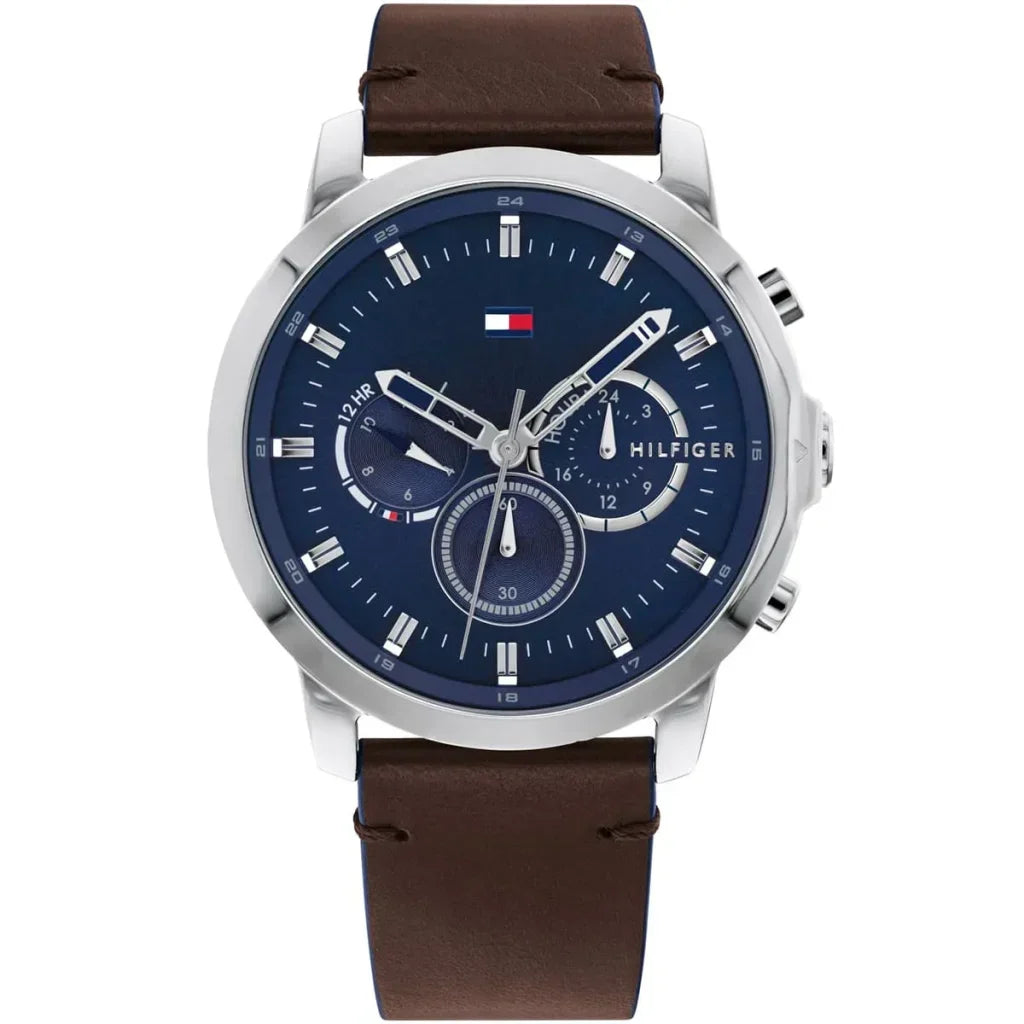 Tommy Hilfiger Jameson 1791797 Silver Case Blue Dial Brown Leather Men's Watch