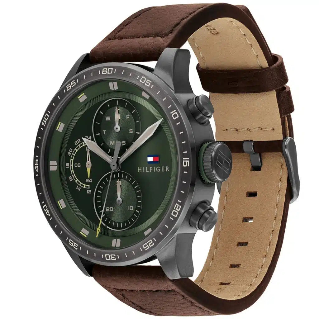 Tommy Hilfiger Trent 1791809 Gunmetal Case Green Dial Brown Leather Men's Watch