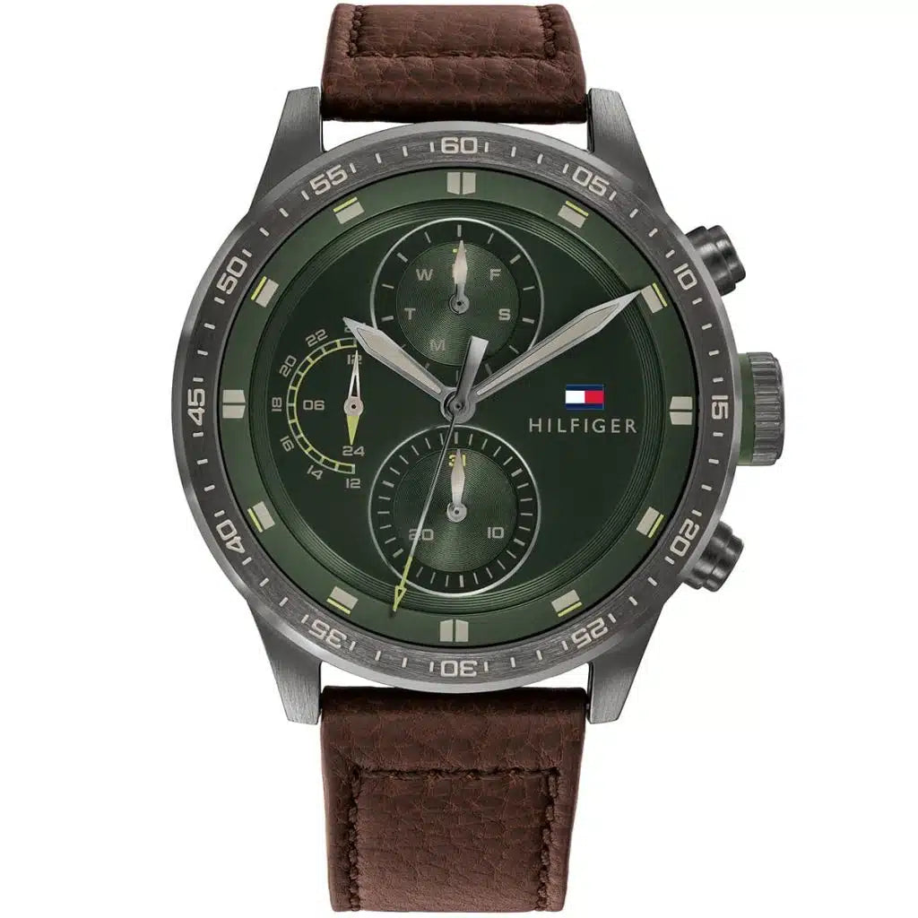 Tommy Hilfiger Trent 1791809 Gunmetal Case Green Dial Brown Leather Men's Watch