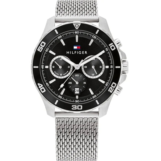Tommy Hilfiger Jordan 1792092 Silver Mesh Strap Black Dial Men's Watch