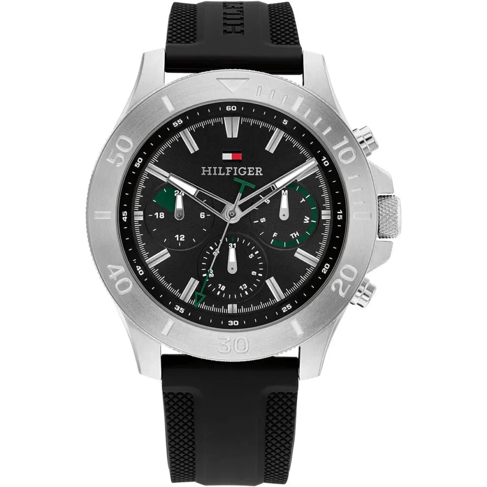 Tommy Hilfiger Bryan 1792111 Men's Silver Case Black Dial Rubber Watch
