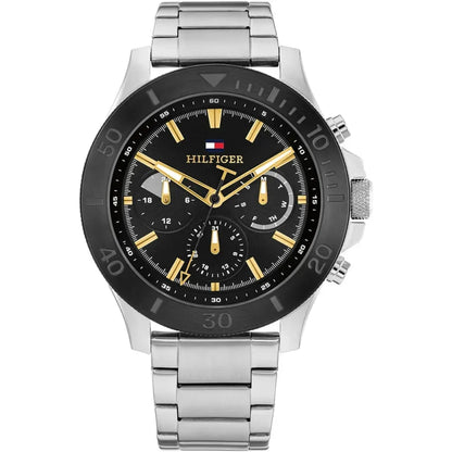 Tommy Hilfiger Bryan 1792114 Men's Silver Case Black Dial Gold Accents Watch