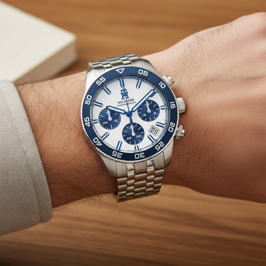 Tommy Hilfiger TH85 1792157 Men's Silver Steel Watch with White Dial & Blue Bezel