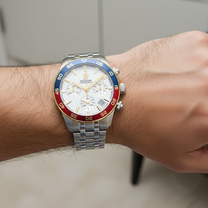 Tommy Hilfiger TH85 1792184 Men's Silver Case White Dial Pepsi Bezel Watch