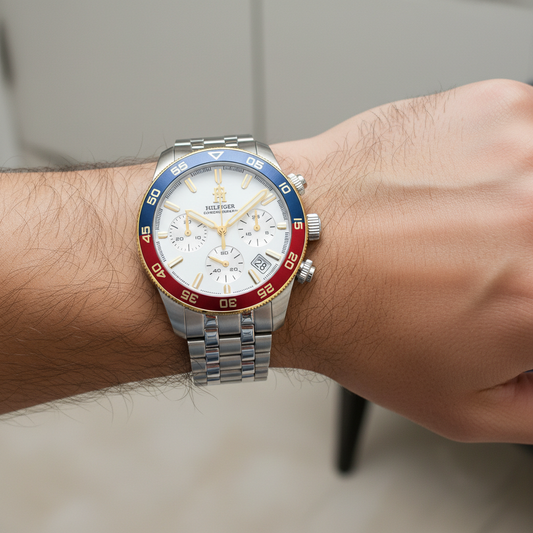Tommy Hilfiger TH85 1792184 Men's Silver Case White Dial Pepsi Bezel Watch