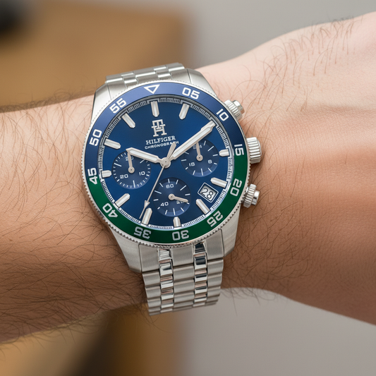 Tommy Hilfiger TH85 1792185 Men's Silver Case Blue Dial Blue-Green Bezel Watch