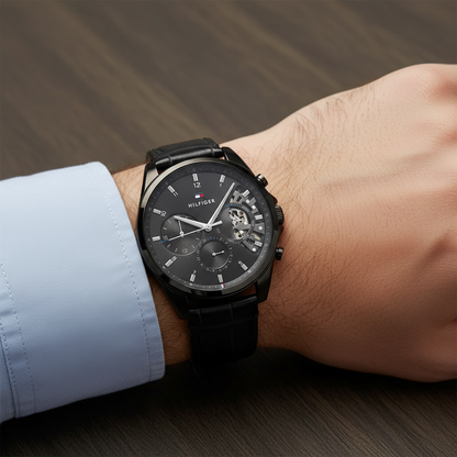 Original Tommy Hilfiger Baker Men's Watch - All Black Case & Leather Strap (1710452)