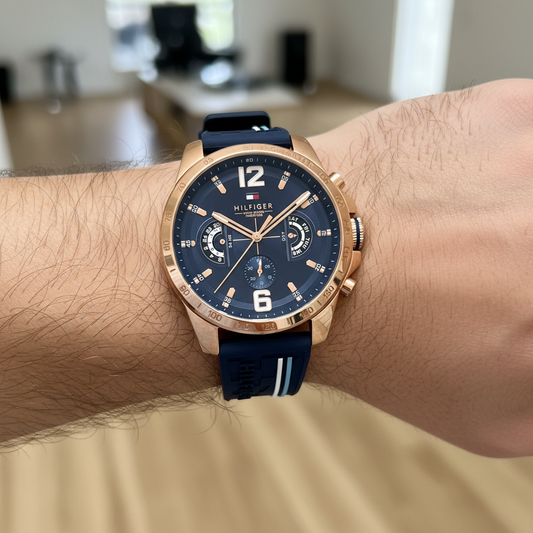Original Tommy Hilfiger Men's Watch - Rose Gold Case & Blue Rubber (1791474)