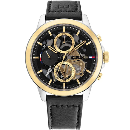 Tommy Hilfiger Henry 1710474 Silver & Gold-Tone Skeleton Black Leather Men's Watch