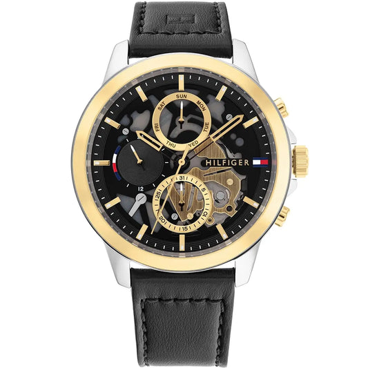 Tommy Hilfiger Henry 1710474 Silver & Gold-Tone Skeleton Black Leather Men's Watch