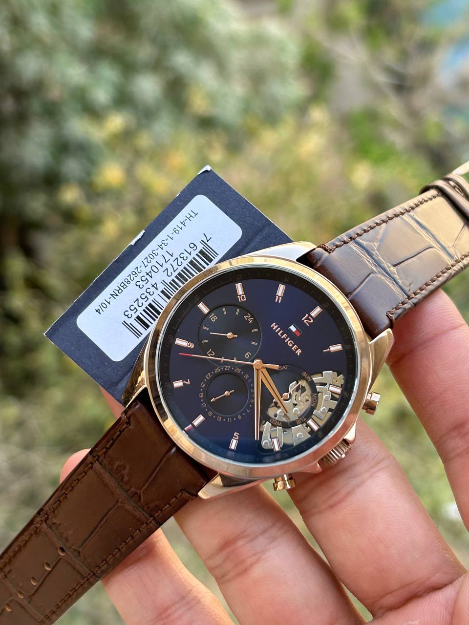 Tommy Hilfiger Baker 1710453 Rose Gold-Tone Blue Dial Brown Leather Men's Watch
