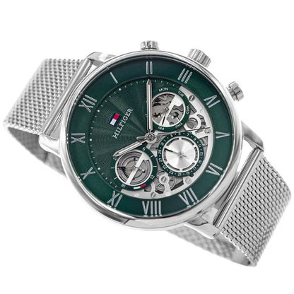 Original Tommy Hilfiger Legend Men's Watch - Silver Mesh Steel & Green Skeleton Dial (1710567)