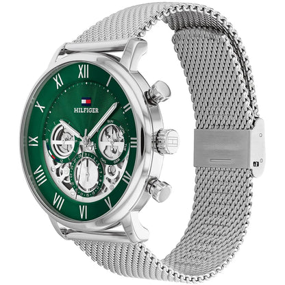 Original Tommy Hilfiger Legend Men's Watch - Silver Mesh Steel & Green Skeleton Dial (1710567)