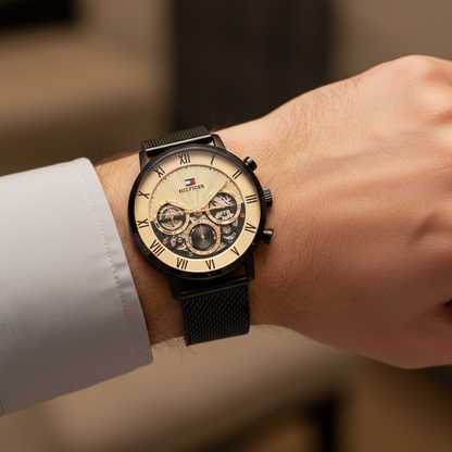 Original Tommy Hilfiger Legend Men's Watch - Black Mesh Steel & Beige Skeleton Dial (1710568)