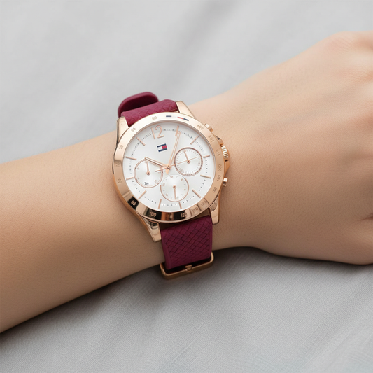Original Tommy Hilfiger Lori Women's Watch - Rose Gold Case & Berry Rubber Strap (1782200)