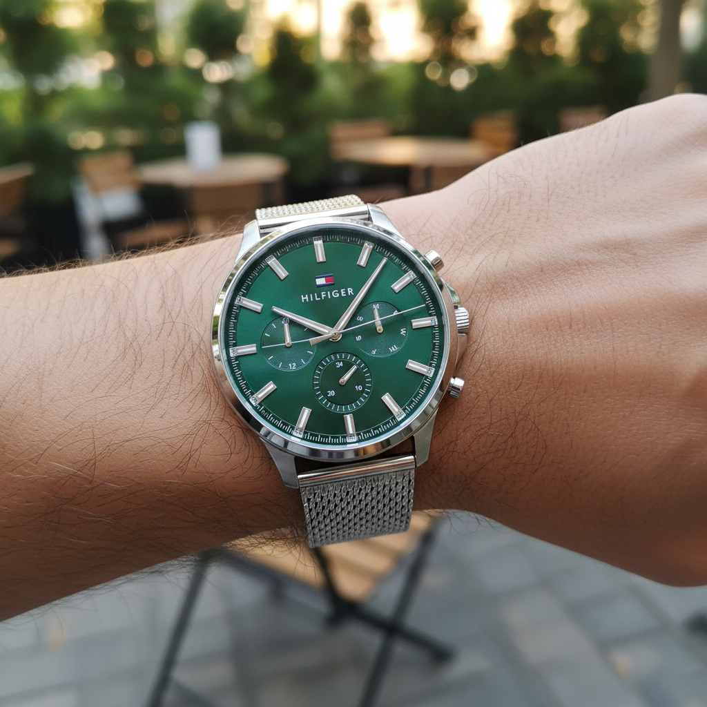 Original Tommy Hilfiger Ryder Men's Watch - Silver Mesh Steel & Green Dial (1710499)