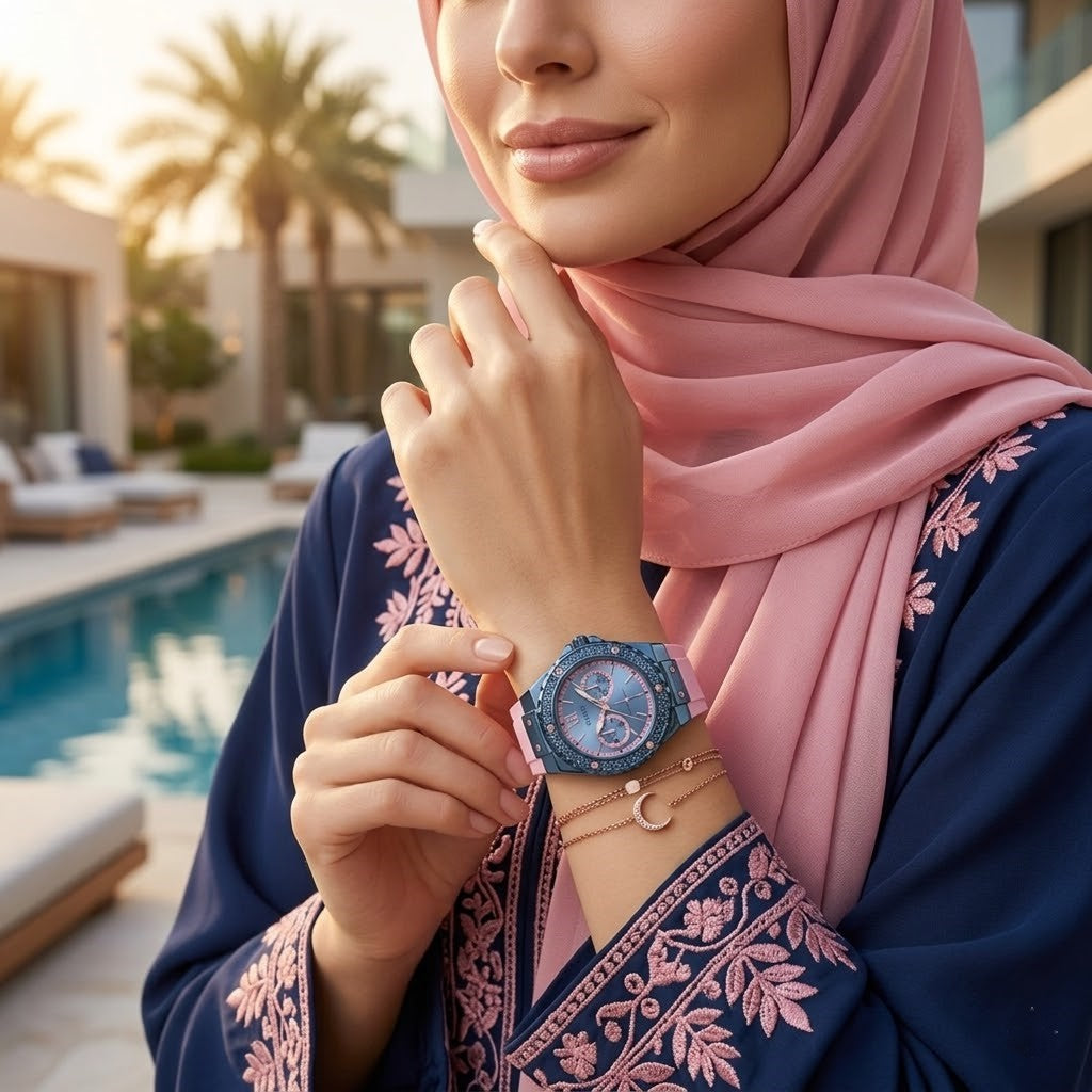 Guess Limelight W0775L5 Multi-Function Blue Dial Women's Pink Rubber Watch