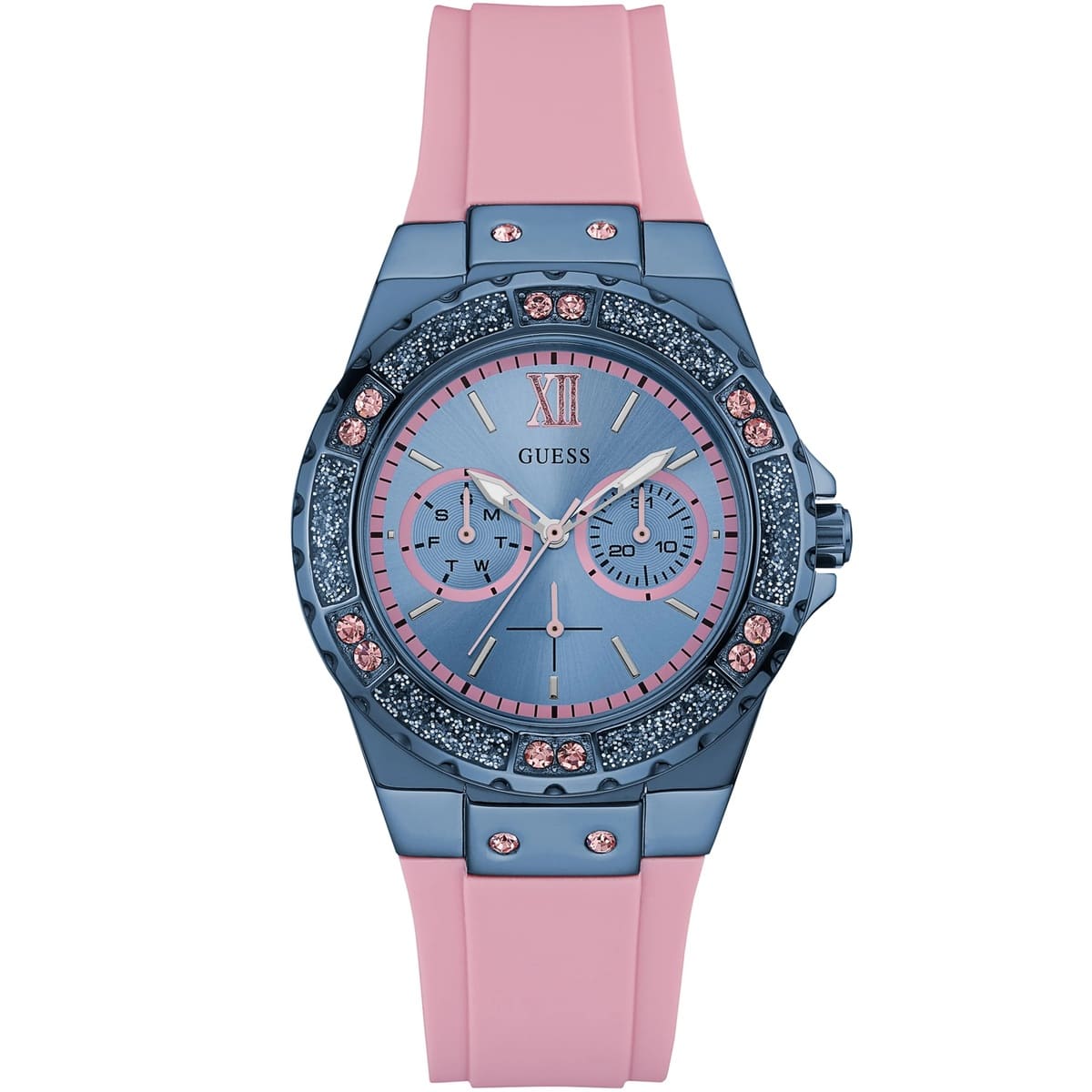 Guess Limelight W0775L5 Multi-Function Blue Dial Women's Pink Rubber Watch
