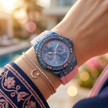 Guess Limelight W0775L5 Multi-Function Blue Dial Women's Pink Rubber Watch