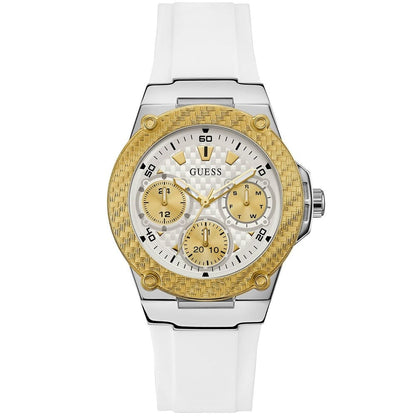 Guess Zena Multi-Function W1094L1 Silver Case Gold Bezel White Rubber Women's Watch