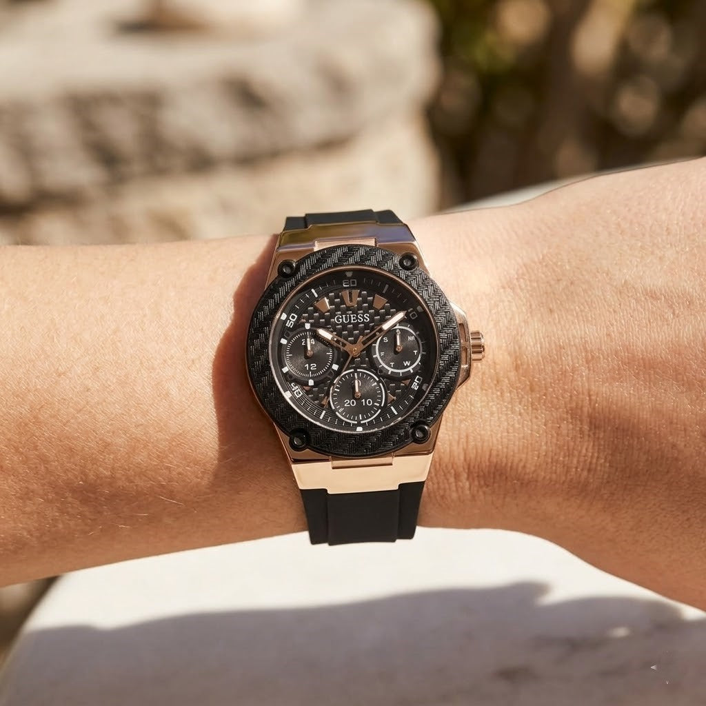 Guess Zena Multi-Function W1094L6 Rose Gold Case Black Dial Black Rubber Women's Watch