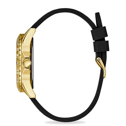 Guess Swirl Multi-Function W1096L3 Gold Case Crystal Bezel Black Dial Black Crystal Rubber Women's Watch