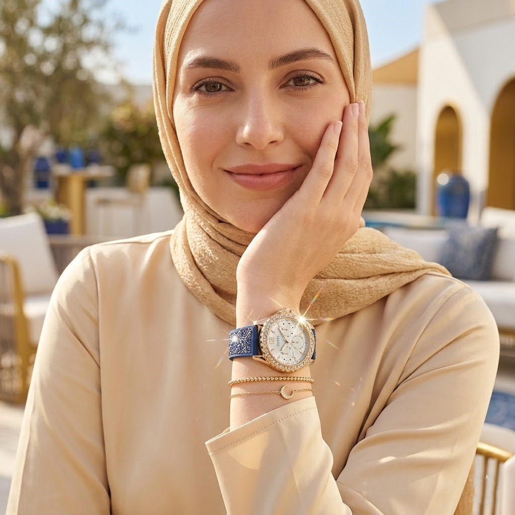 Guess Swirl Multi-Function W1096L4 Rose Gold Case Crystal Bezel White Dial Blue Crystal Rubber Women's Watch