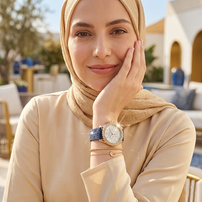 Guess Swirl Multi-Function W1096L4 Rose Gold Case Crystal Bezel White Dial Blue Crystal Rubber Women's Watch