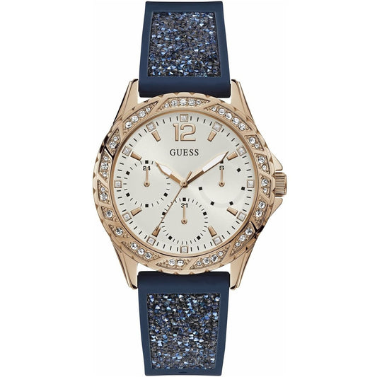 Guess Swirl Multi-Function W1096L4 Rose Gold Case Crystal Bezel White Dial Blue Crystal Rubber Women's Watch