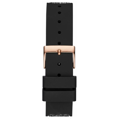 Guess Swirl Multi-Function W1096L5 Rose Gold Case Crystal Bezel Black Dial Black Crystal Rubber Women's Watch