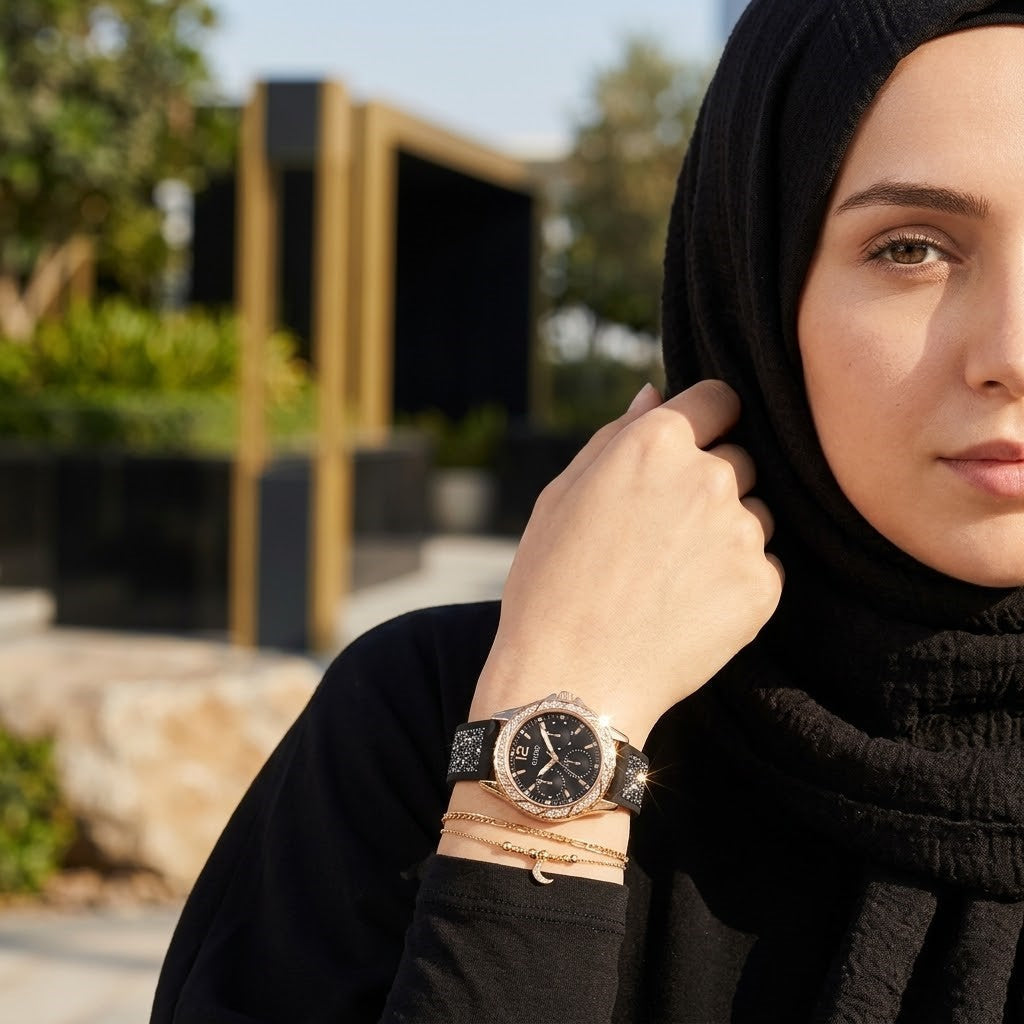 Guess Swirl Multi-Function W1096L5 Rose Gold Case Crystal Bezel Black Dial Black Crystal Rubber Women's Watch
