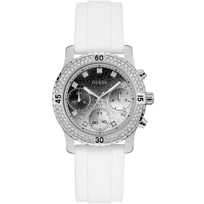 Guess Confetti Multi-Function W1098L1 Silver Case Crystal Bezel White Rubber Women's Watch